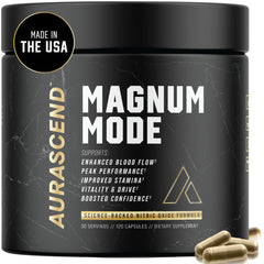 Aurascend Magnum Mode bottle being poured, signaling blood flow support and daily vitality.
