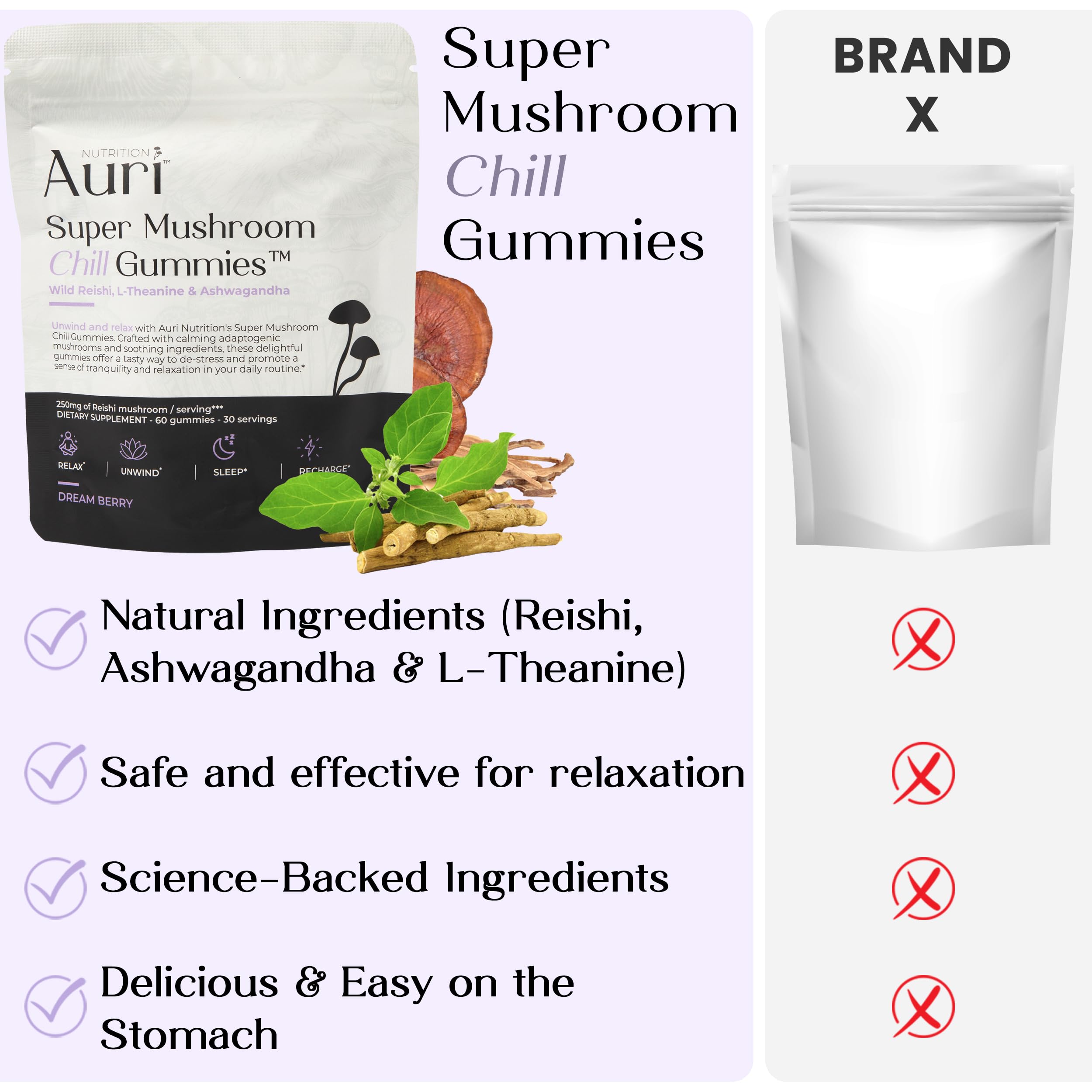 Ingredients panel highlights vegan, gluten-free, allergen-free formulation