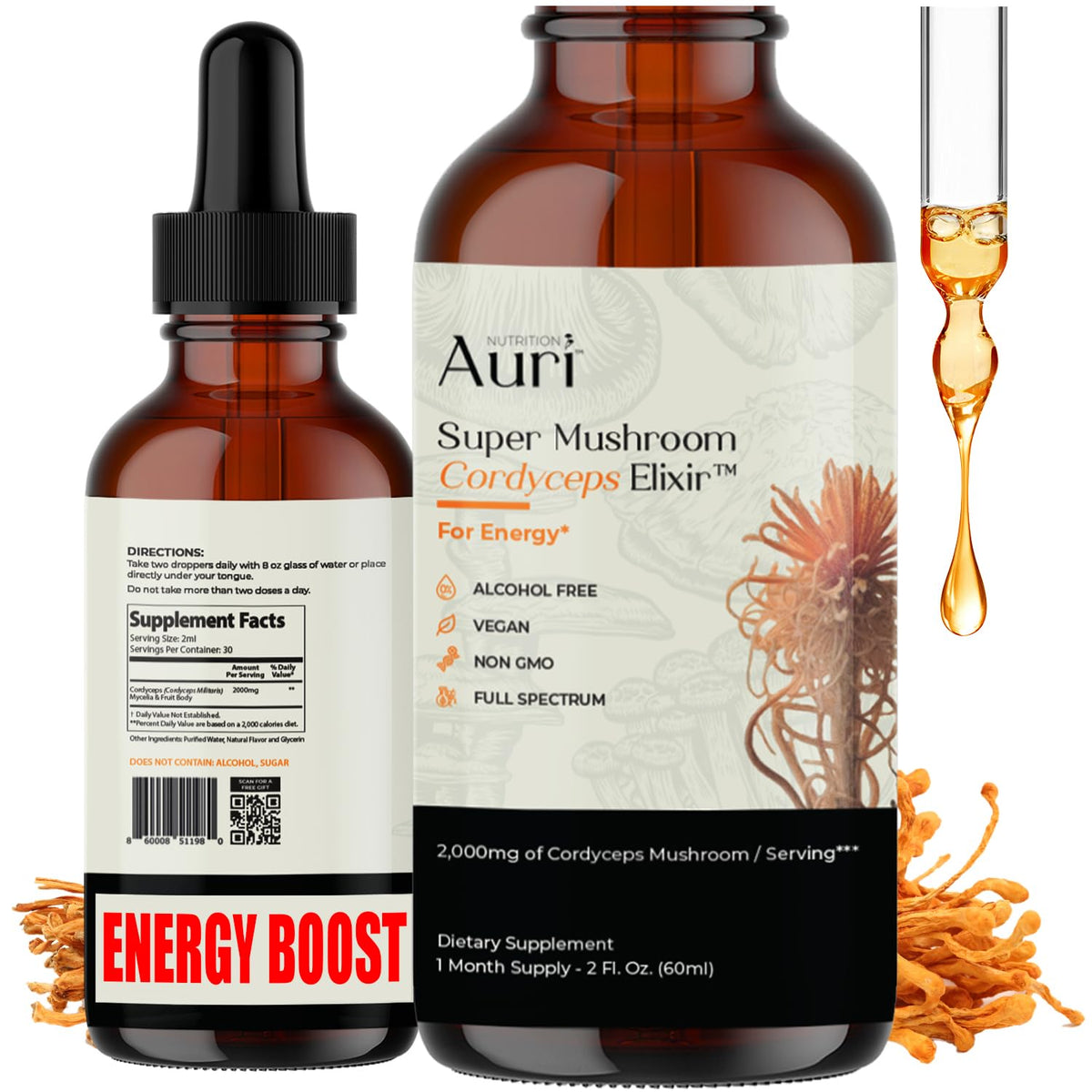 Auri Cordyceps Elixir bottle front, highlighting daily vitality and premium tincture.