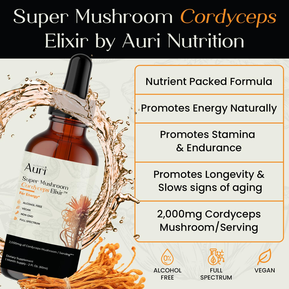 Auri Cordyceps Elixir bottle side, compact 60 ml for on-the-go energy support.