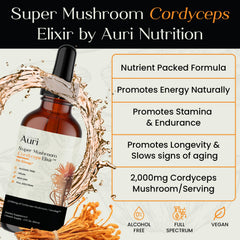 Auri Cordyceps Elixir bottle side, compact 60 ml for on-the-go energy support.