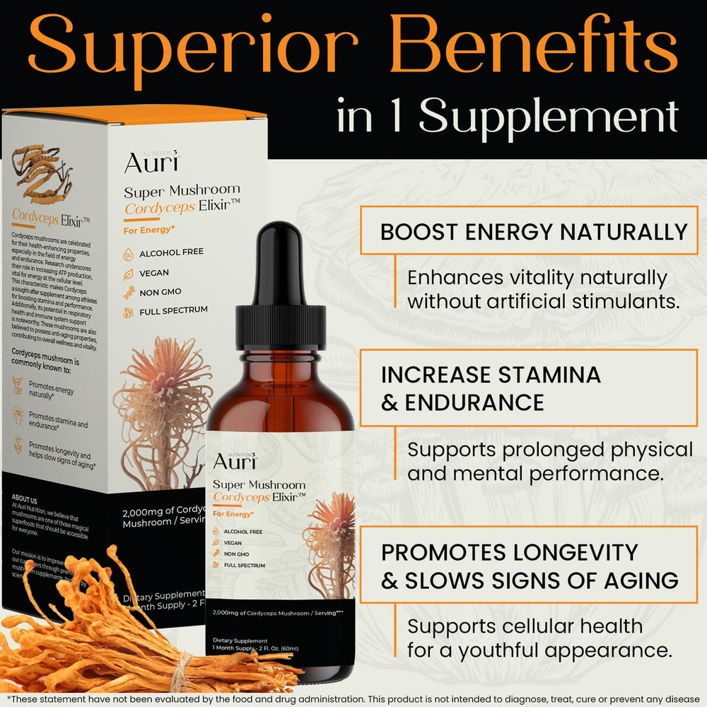 Auri Cordyceps Elixir box packaging, eco-conscious and vegan.