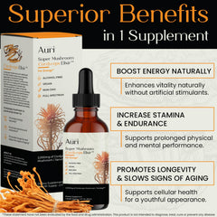 Auri Cordyceps Elixir box packaging, eco-conscious and vegan.