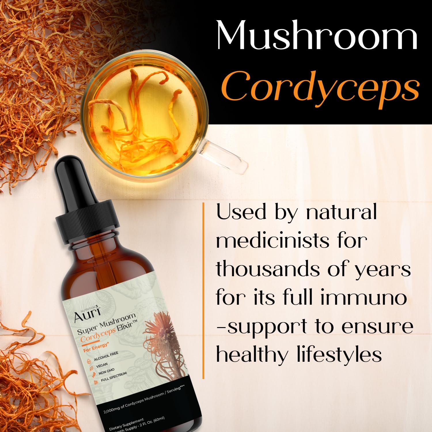 Auri Cordyceps Elixir dropper closeup, precise dosing for daily use.
