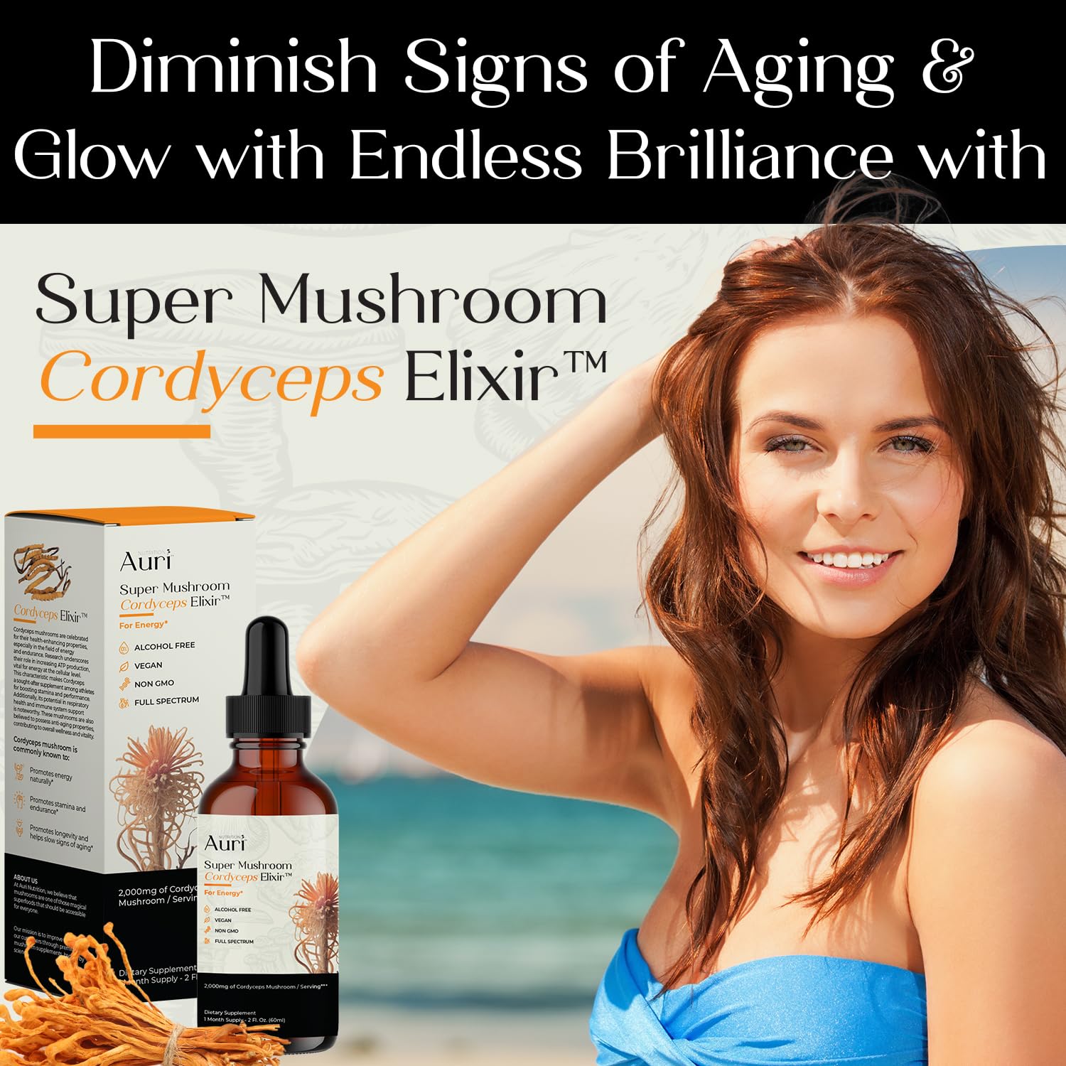 Auri Cordyceps Elixir vegan label, non-GMO and alcohol-free.