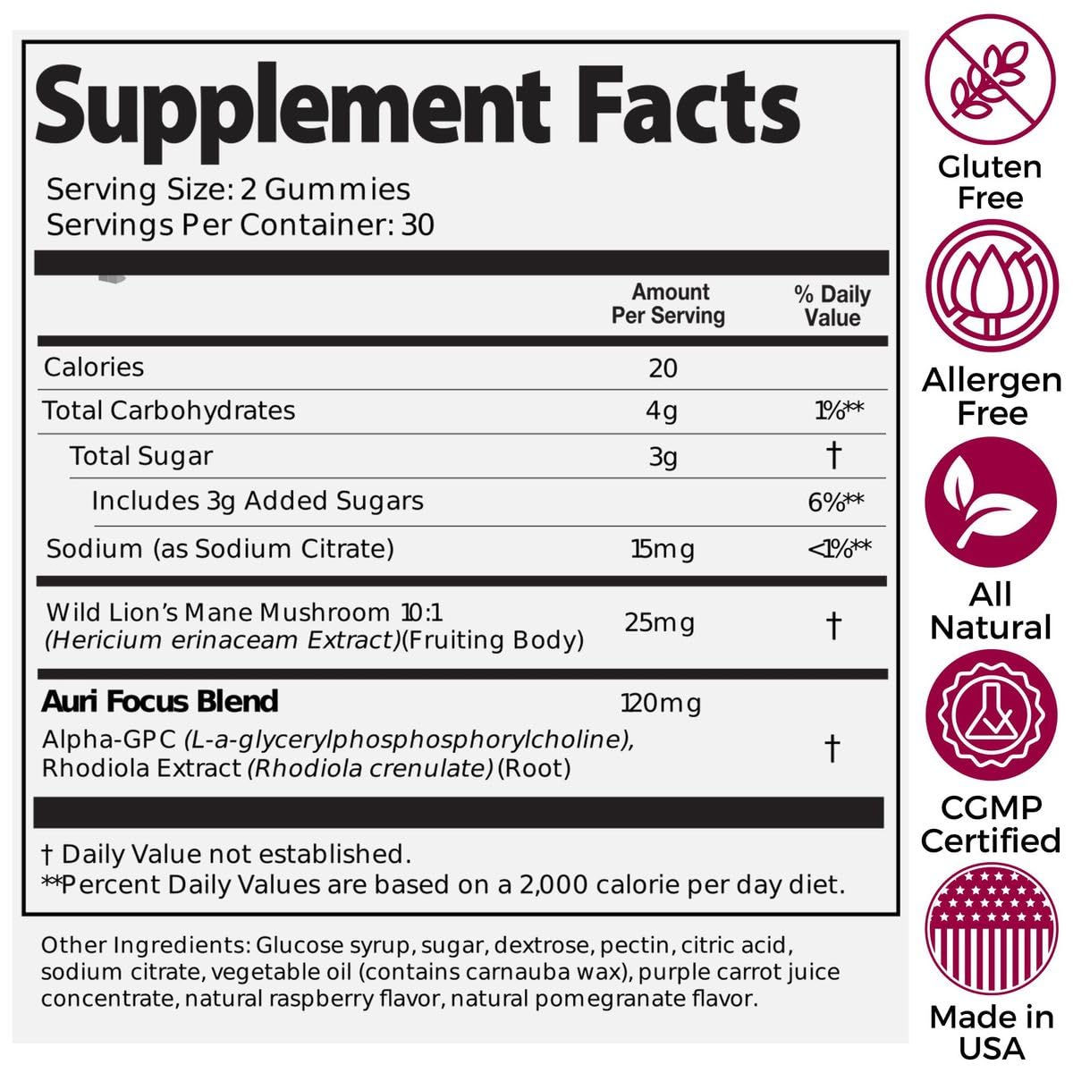 Auri Focus Gummies Alpha GPC ingredient highlighted for brain support.