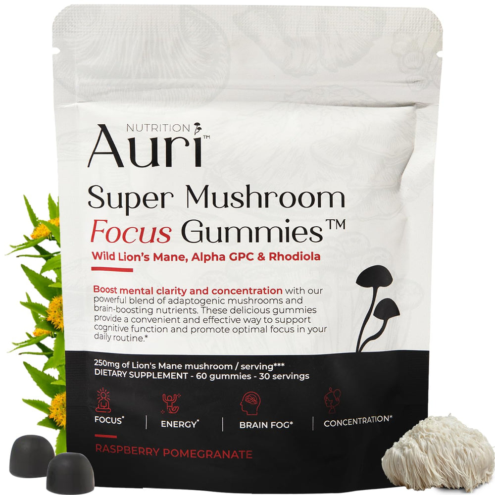Auri Focus Gummies bottle closeup showing Lion's Mane for clearer focus.