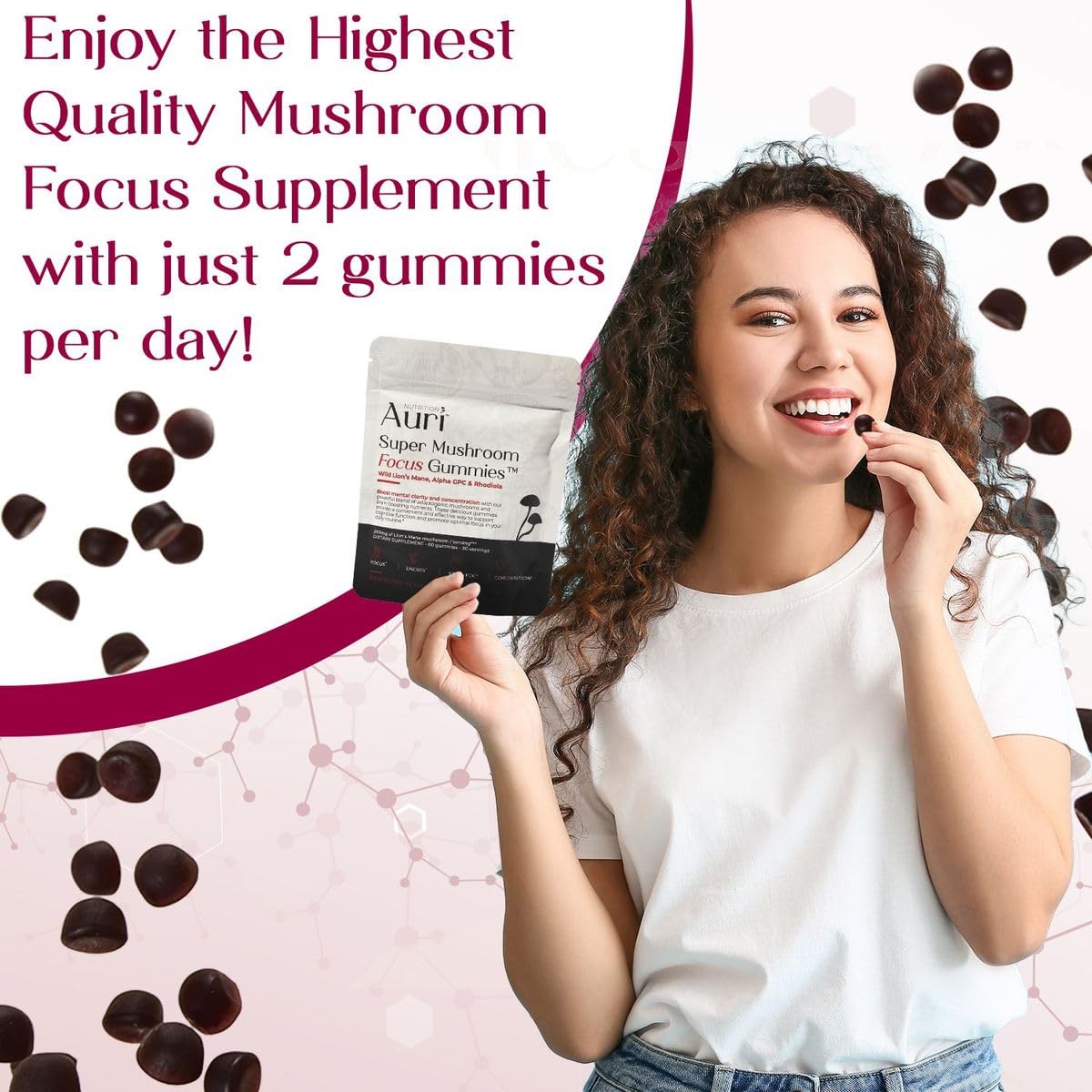 Auri Focus Gummies closeup with vibrant colors and natural flavor extracts.