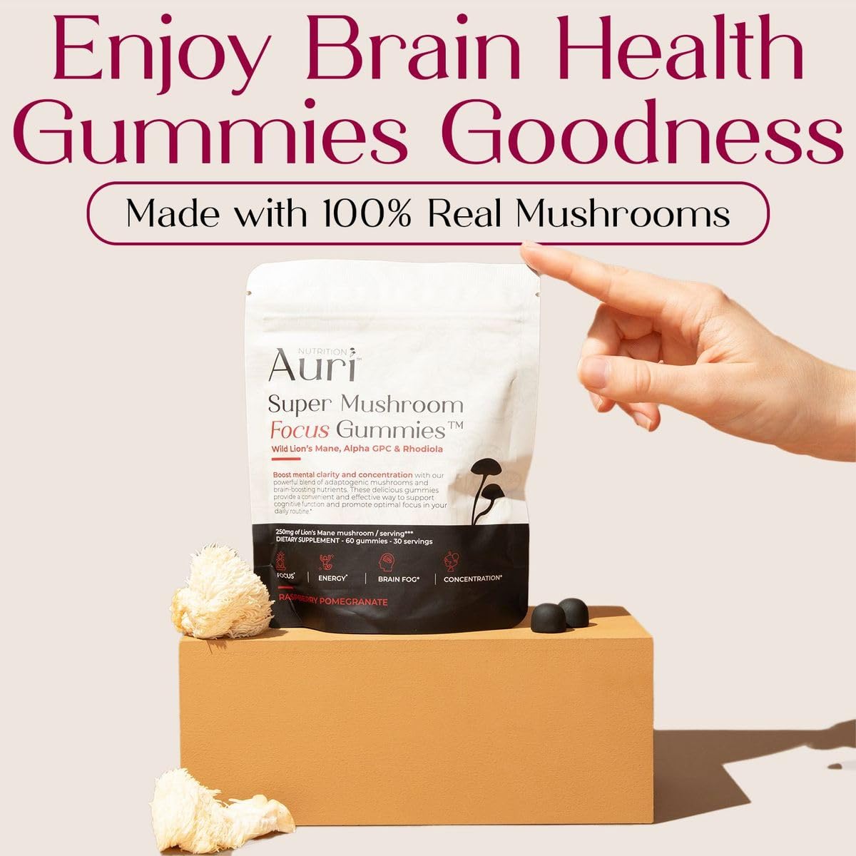 Auri Focus Gummies Lion's Mane illustration highlighting cognitive support.