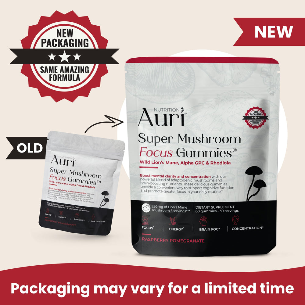 Auri Focus Gummies packaging display with vegan, GMO-free formula.