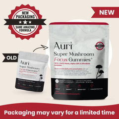 Auri Focus Gummies packaging display with vegan, GMO-free formula.