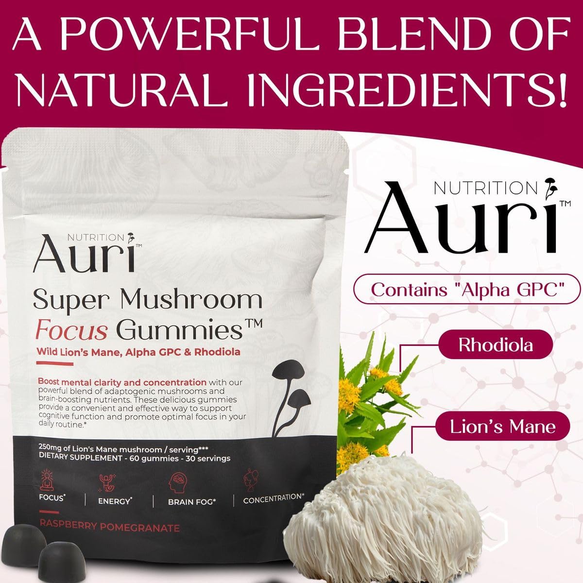 Auri Focus Gummies vegan and GMO-free labeling appealing to conscious shoppers.