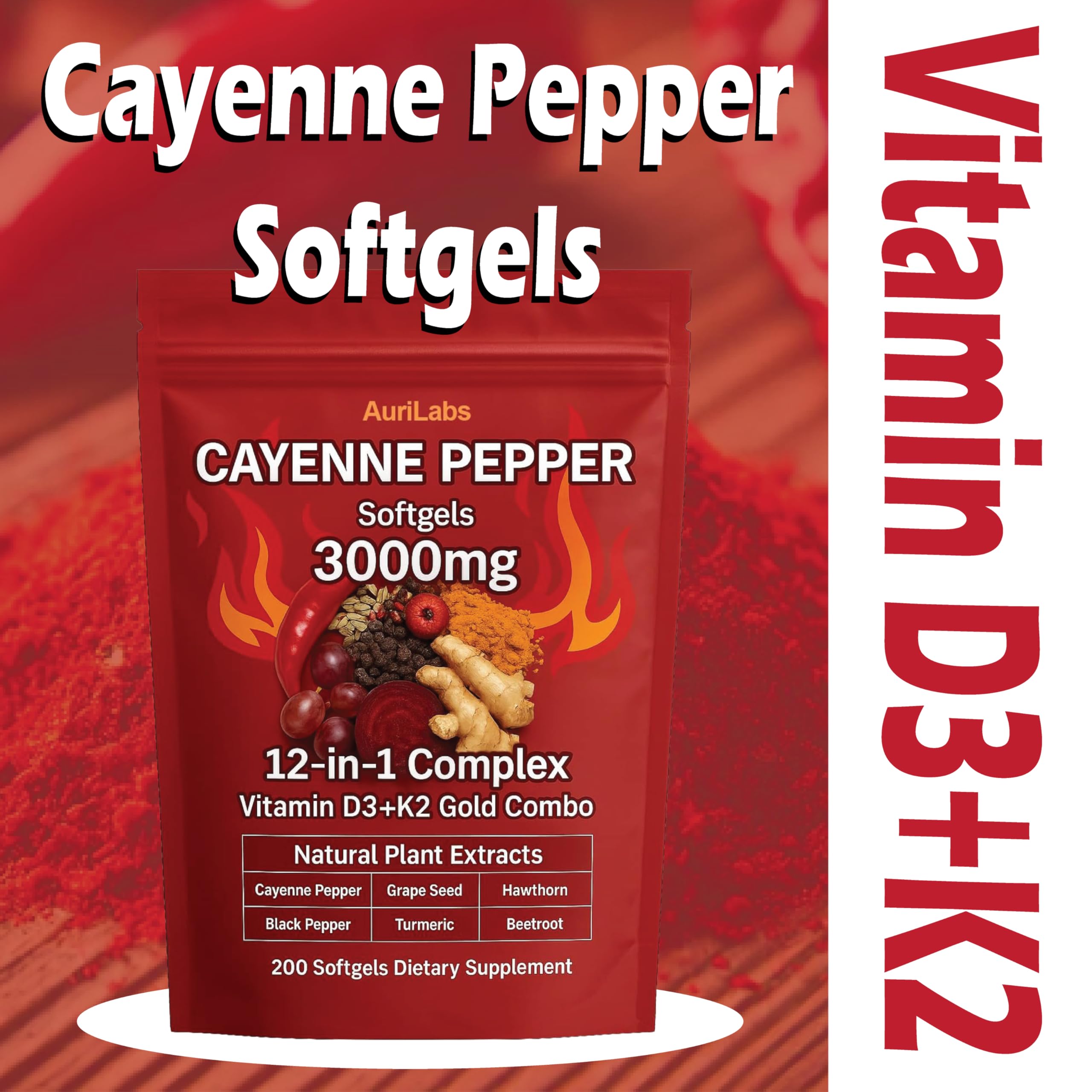 AuriLabs Cayenne Softgel capsules closeup aiding daily use.