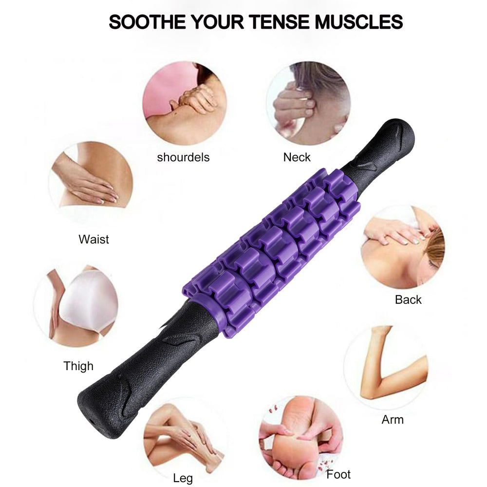 Ausejopeac massager stick used on legs and back for muscular relief.