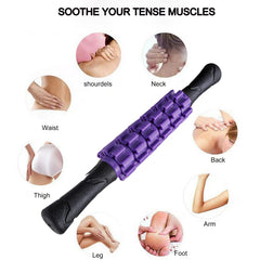 Ausejopeac massager stick used on legs and back for muscular relief.