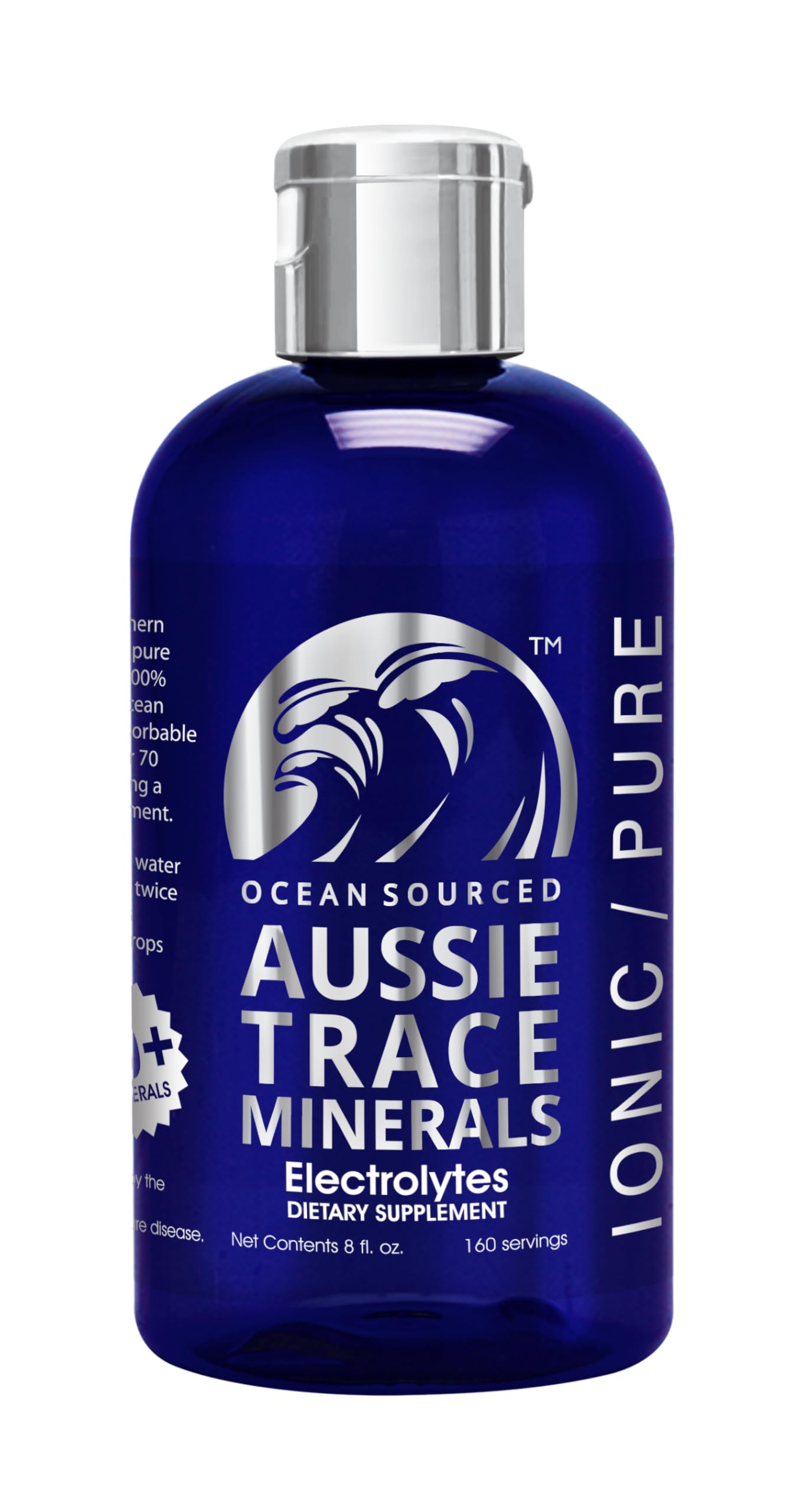 Aussie Trace Minerals bottle pour shows high magnesium electrolyte formula for hydration