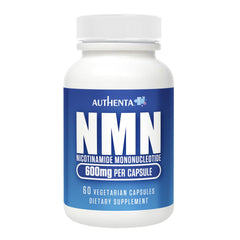 AUTHENTA NMN bottle front view highlighting 600 mg capsules for daily energy support.