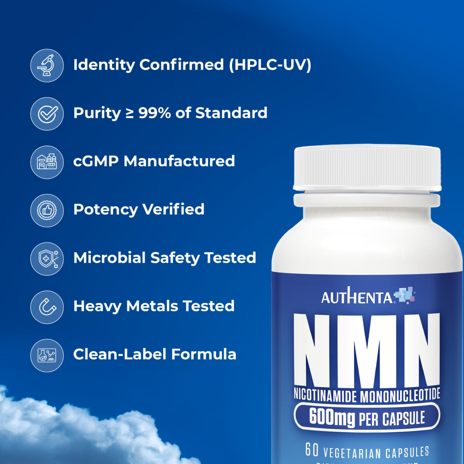 AUTHENTA NMN packaging back panel with supplement facts and third-party testing badge.