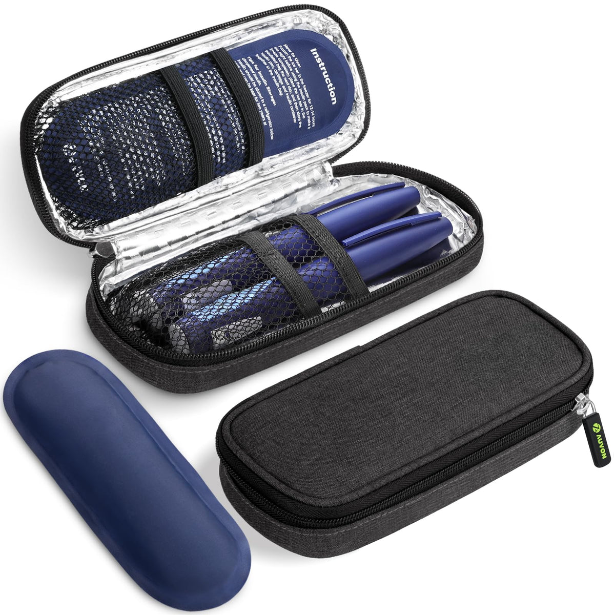 AUVON insulin cooler, vista frontal, bolsa compacta para transportar insulina con seguridad.
