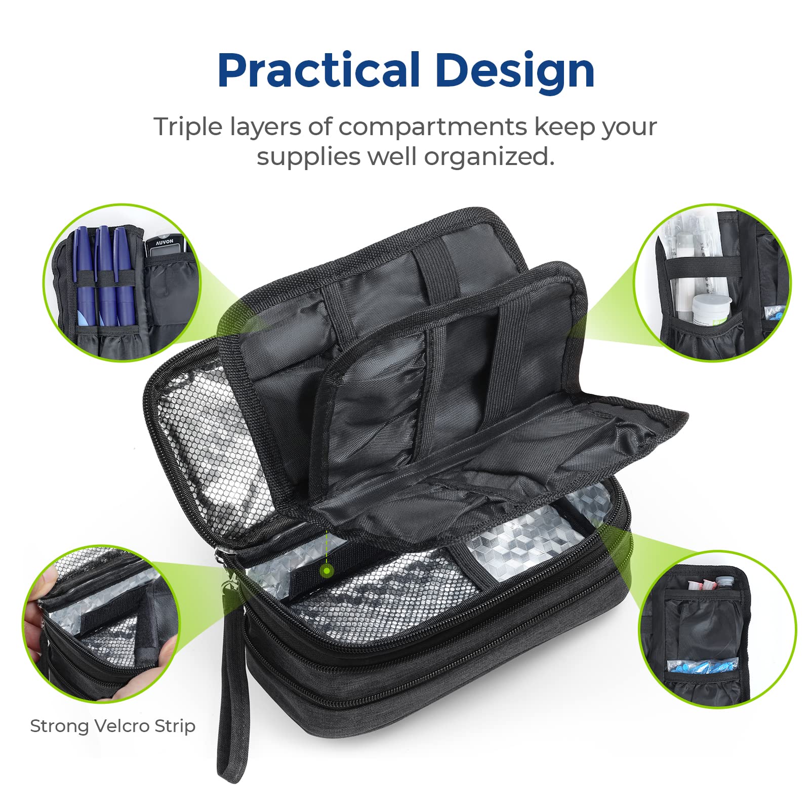 AUVON insulin cooler case interior with organized triple-layer compartments.