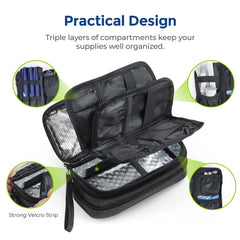 AUVON insulin cooler case interior with organized triple-layer compartments.
