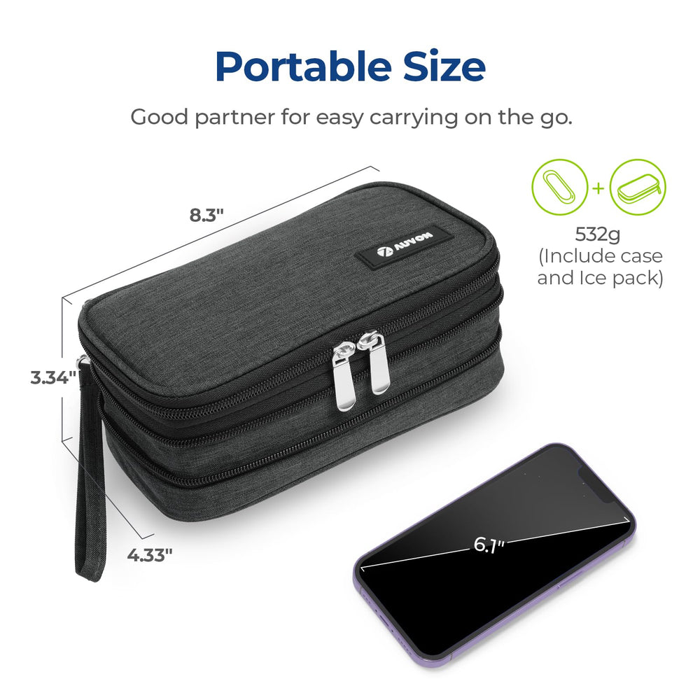 AUVON insulin cooler case ready for travel with ice packs and manual.