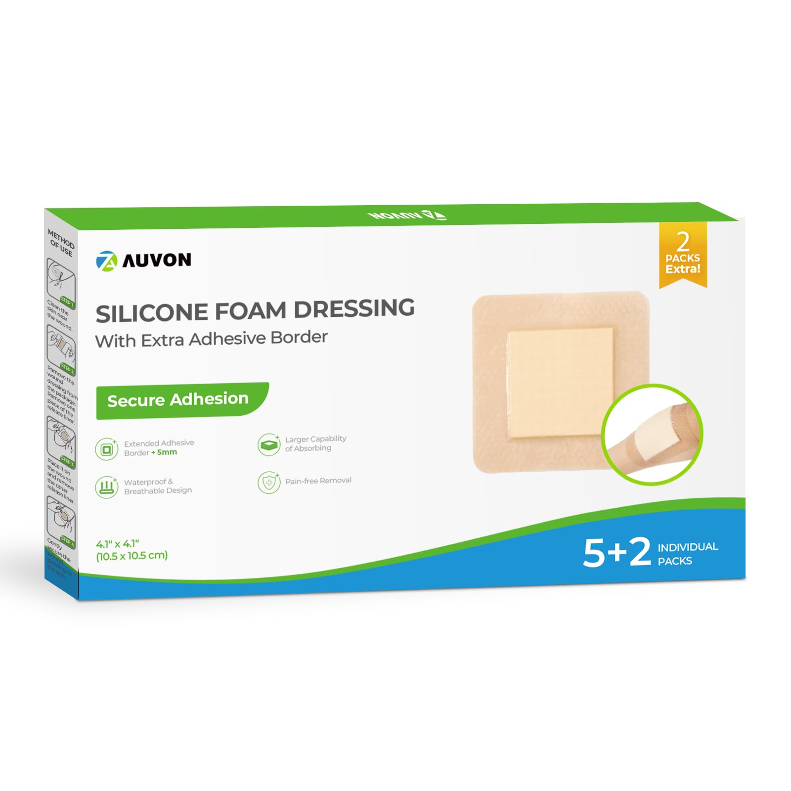 AUVON silicone foam dressing 4x4 seven-pack with strong absorption and gentle adhesion.