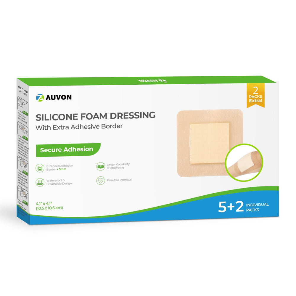 AUVON silicone foam dressing 4x4 seven-pack with strong absorption and gentle adhesion.
