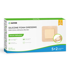 AUVON silicone foam dressing 4x4 seven-pack with strong absorption and gentle adhesion.