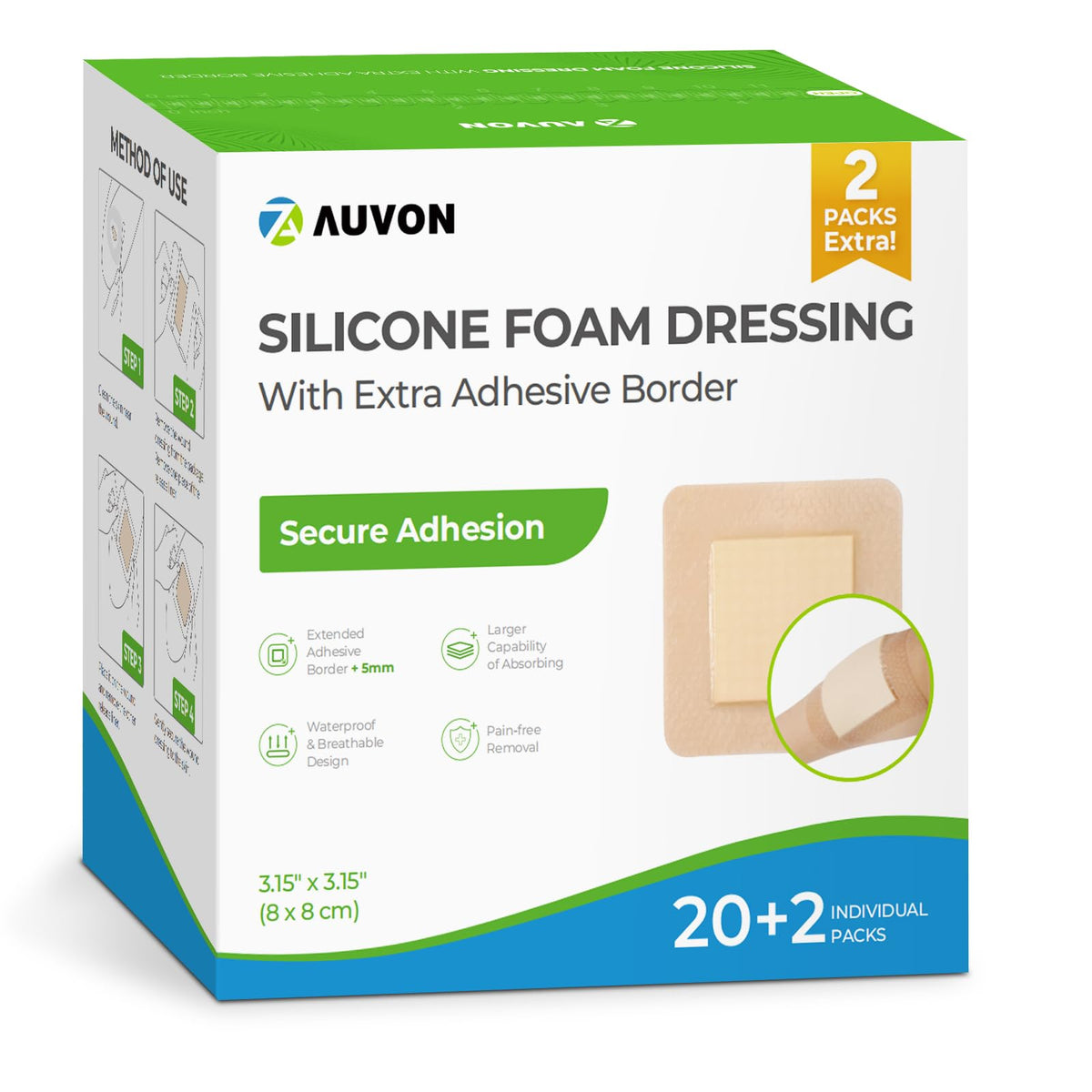 AUVON silicone foam dressing with large border showing 3x3 pad and pack-ready design for secure wear