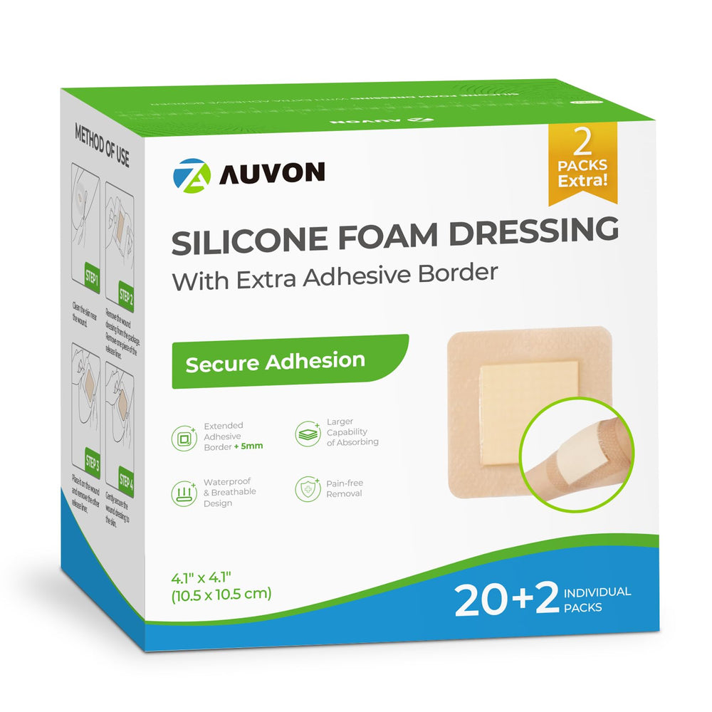 AUVON silicone foam dressing large border in pack showing secure adhesion.