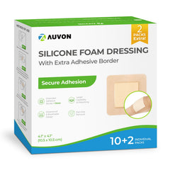 AUVON silicone foam dressing with large border for secure adhesion and protection.