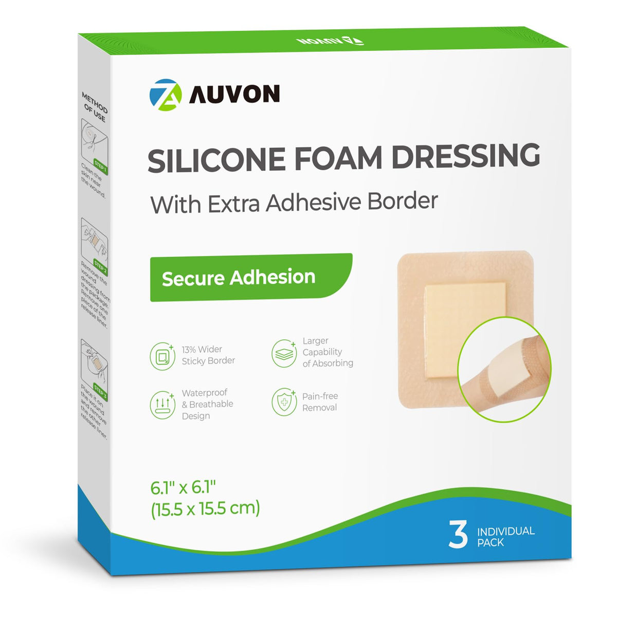 AUVON vendaje espuma silicona borde-grande 6x6 con adherencia suave