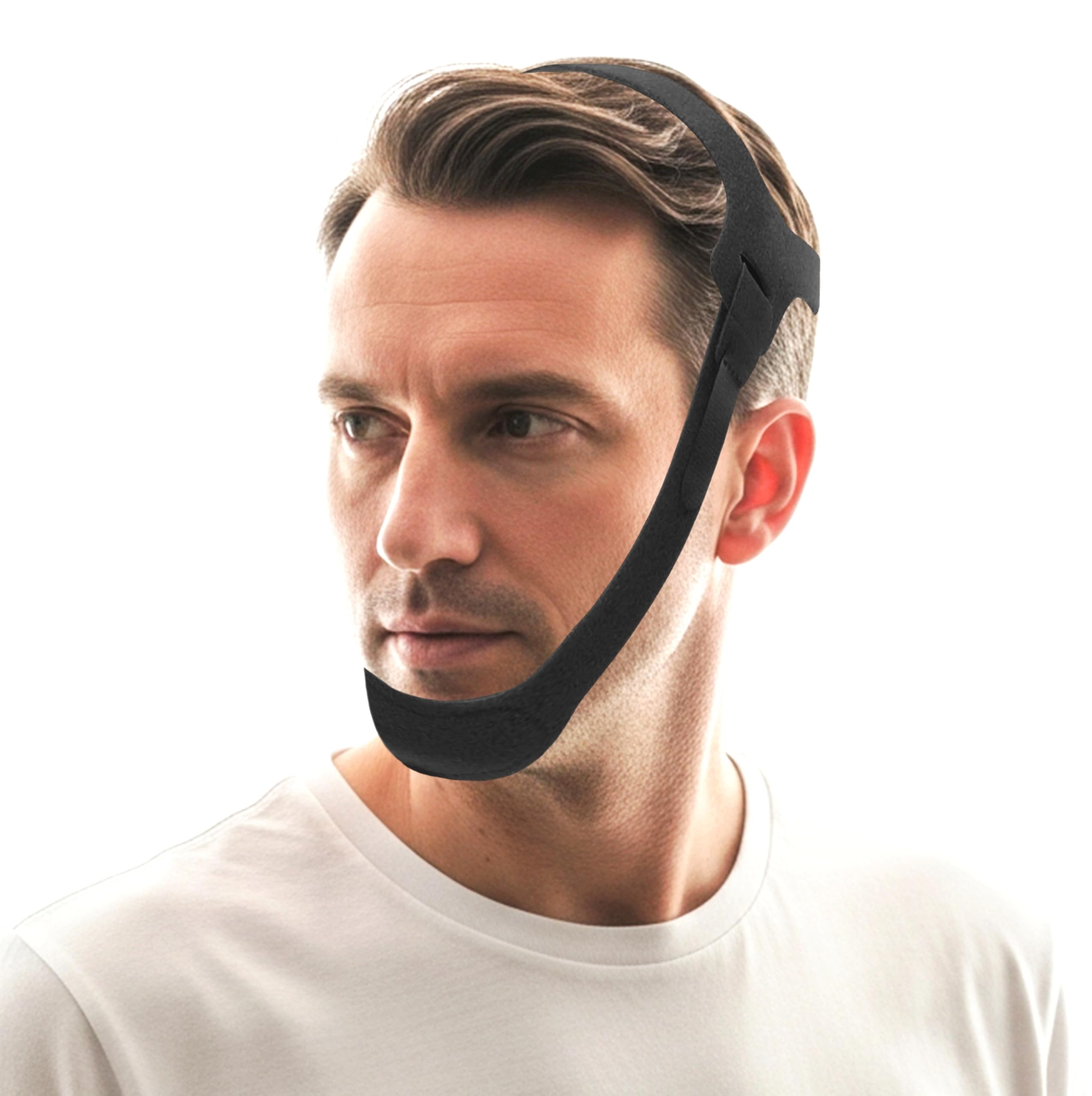 Auxhil chin strap closeup shows soft neoprene for comfortable, itch-free wear.