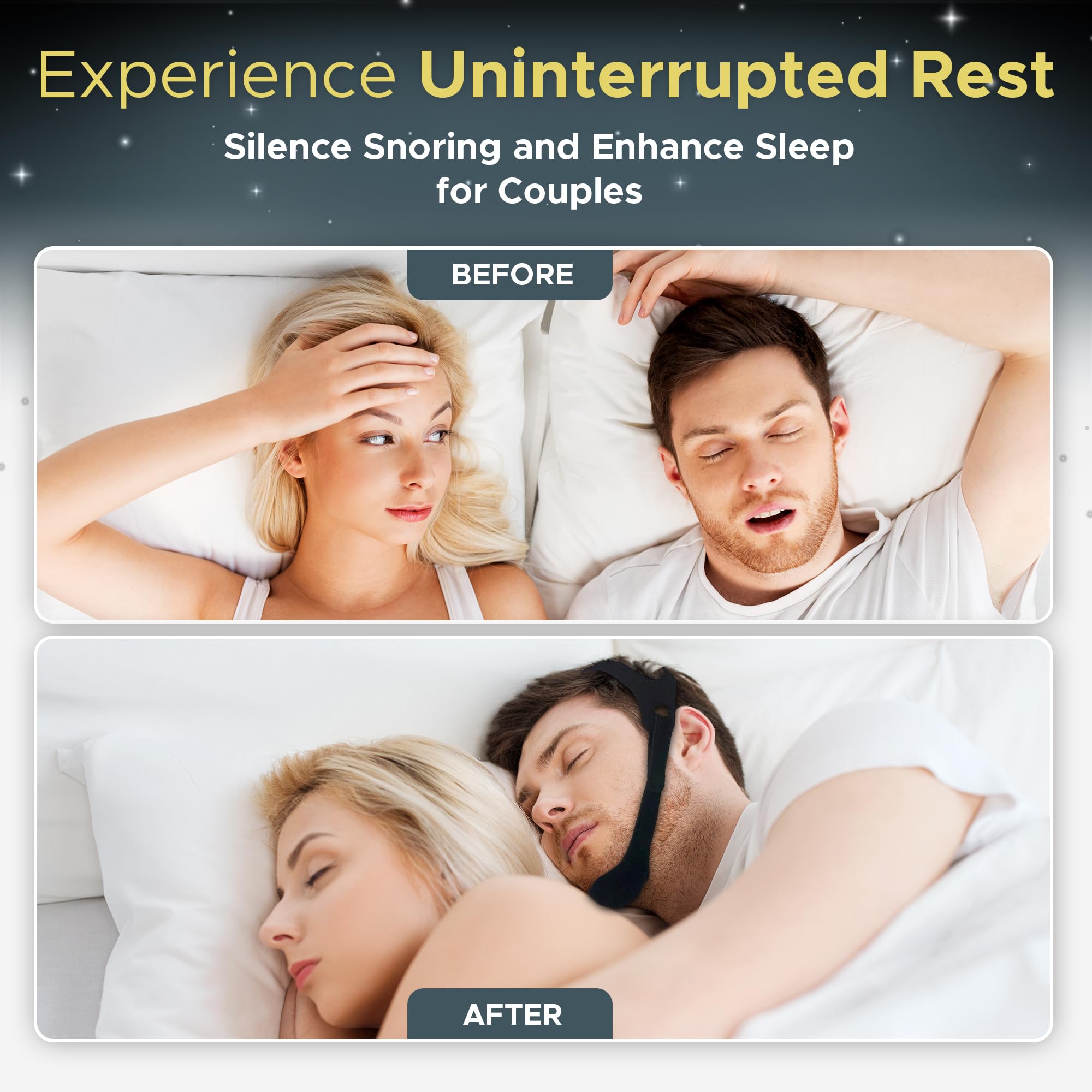 Auxhil chin strap worn with CPAP mask demonstrates compatibility during sleep.