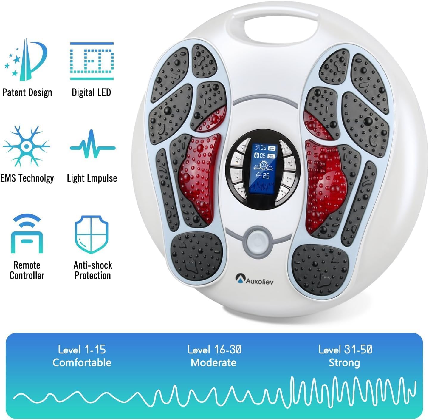 Auxoliev Foot Massager LED display shows mode, intensity, and timer at a glance.