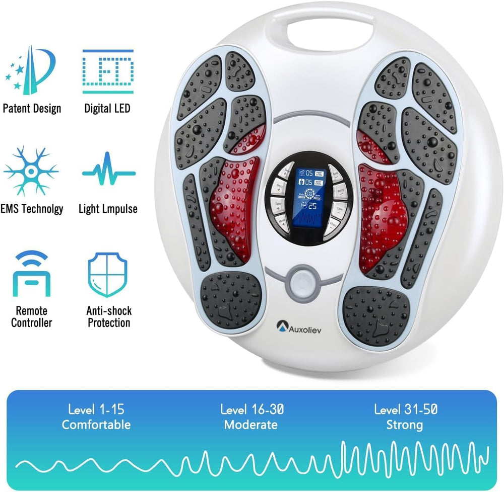 Auxoliev Foot Massager LED display shows mode, intensity, and timer at a glance.