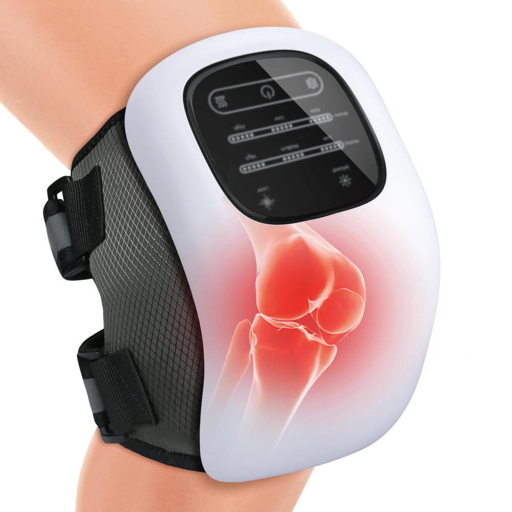 Auxoliev Knee Massager wrapped around the knee for soothing comfort after activity.