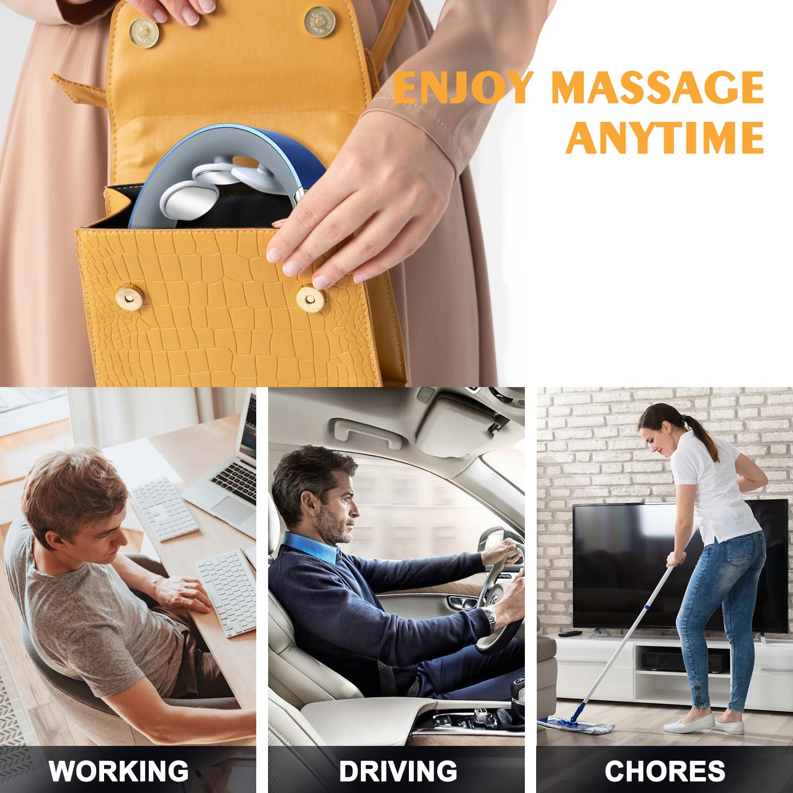 Auxoliev neck massager being worn around the neck for hands-free use