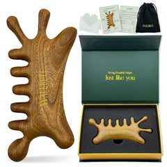 AVALEBETI 6-in-1 gua sha tool on sandalwood finish for gentle facial massage