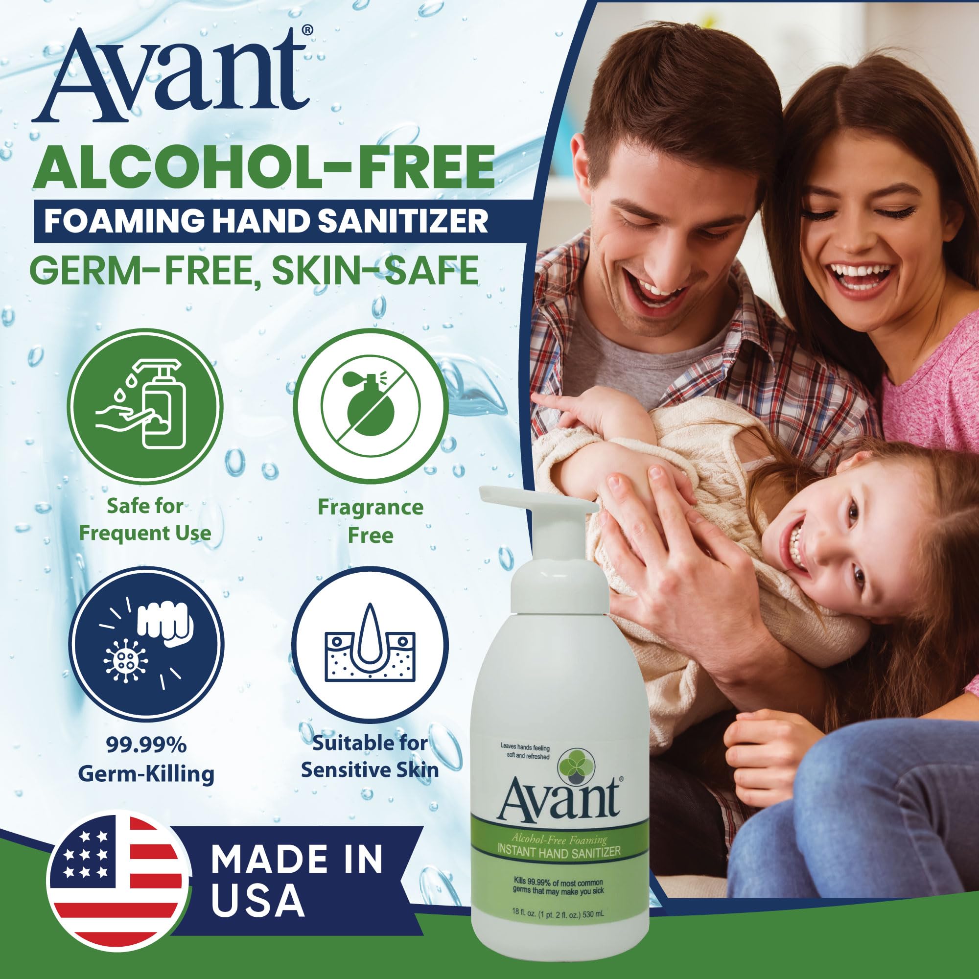 Avant Foaming Hand Sanitizer foam on hands highlights fast, residue-free application.