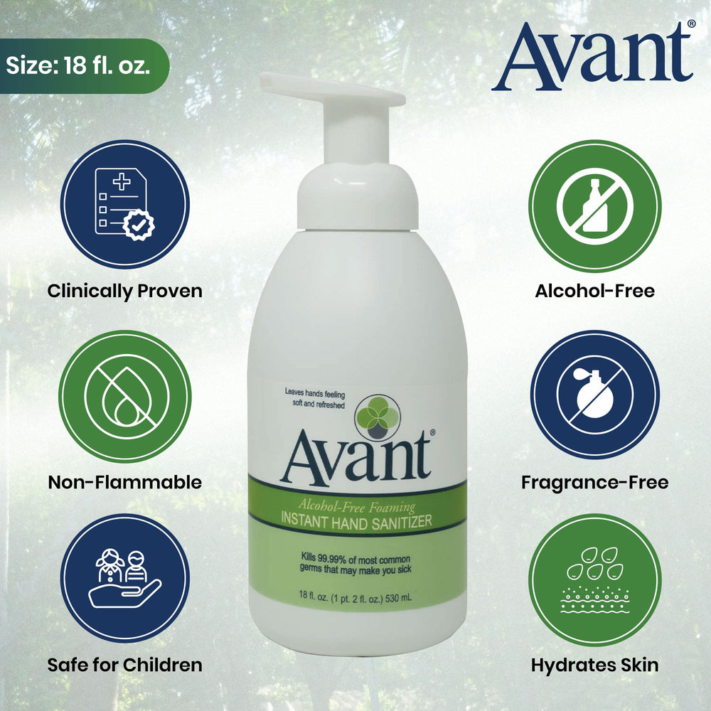 Avant label close-up emphasizes non-alcohol formula safe for frequent use.