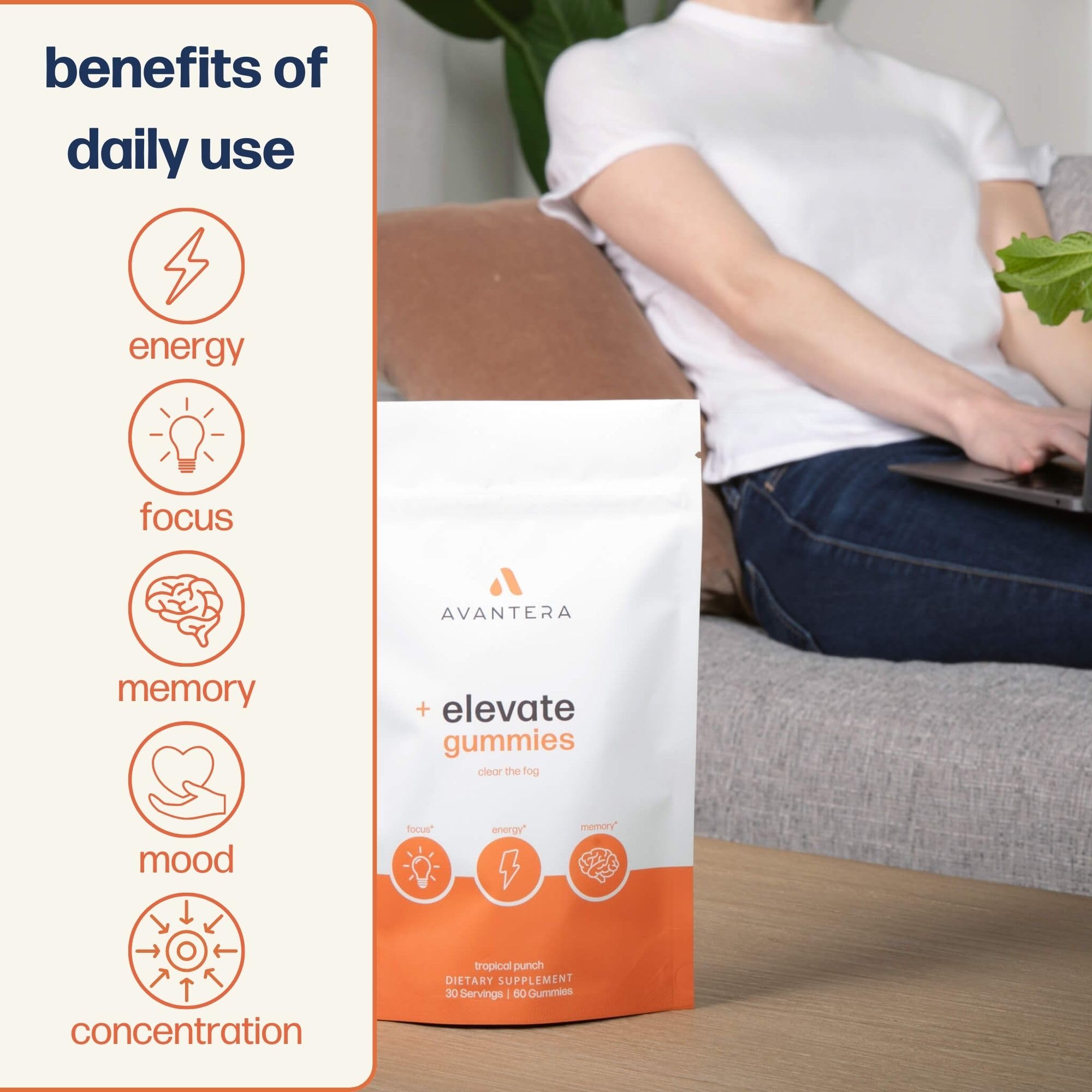 Avantera Elevate Gummies promoting brain fog relief for quick daily clarity