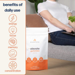 Avantera Elevate Gummies promoting brain fog relief for quick daily clarity