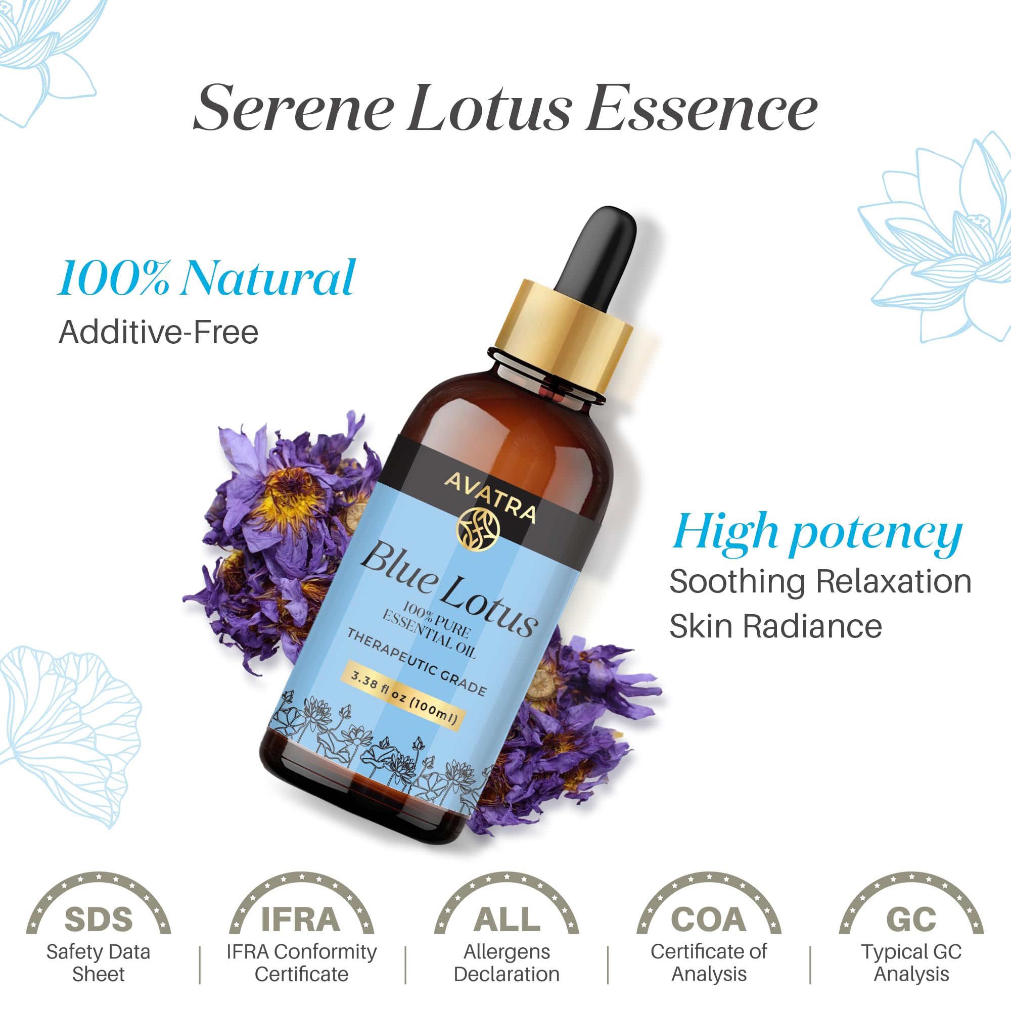 AVATRA Blue Lotus amber bottle—pure essential oil for diffusers.