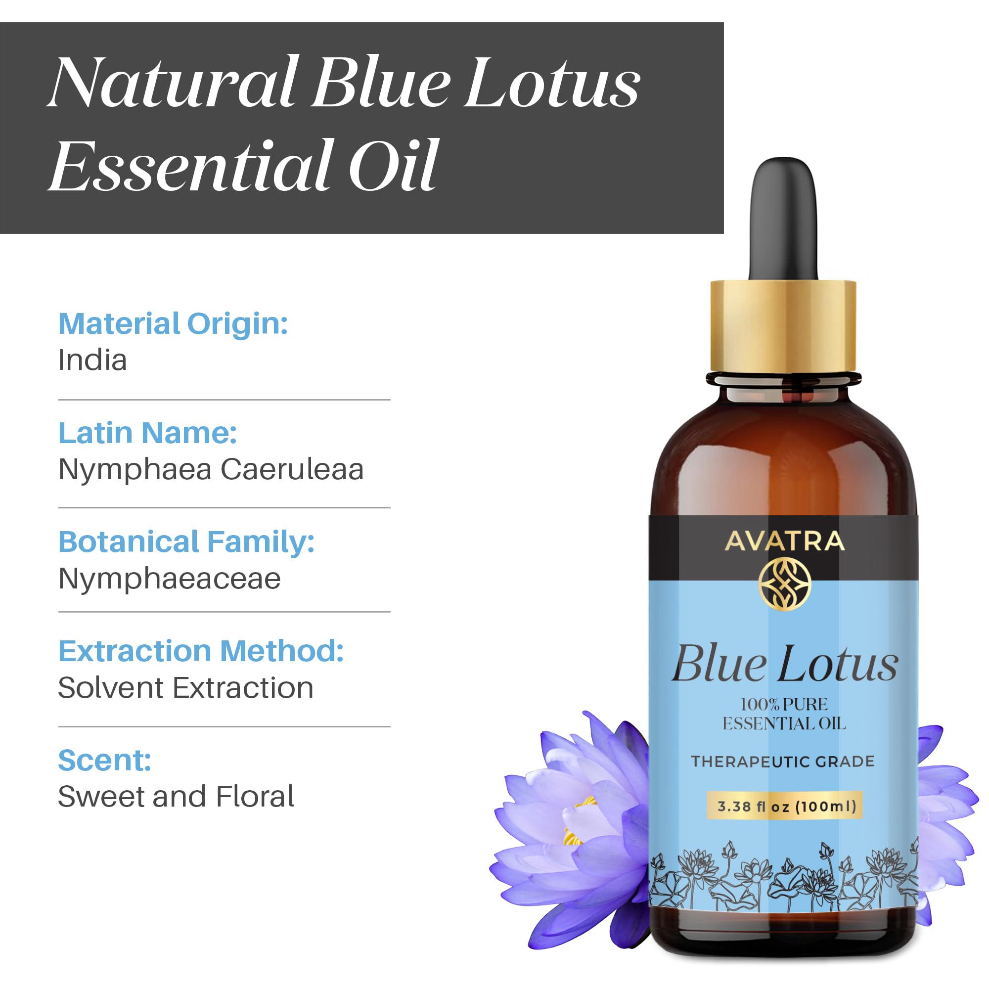 AVATRA Blue Lotus bottle closeup—natural, undiluted essential oil.