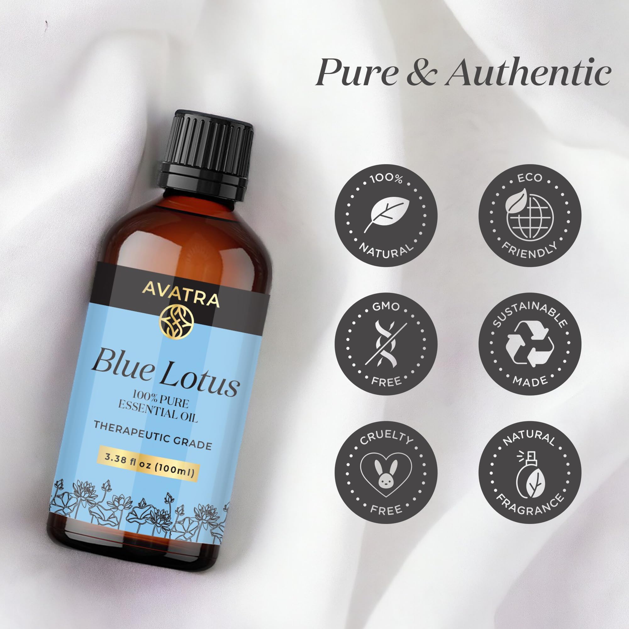 AVATRA Blue Lotus packaging and label—clear, natural ingredients.