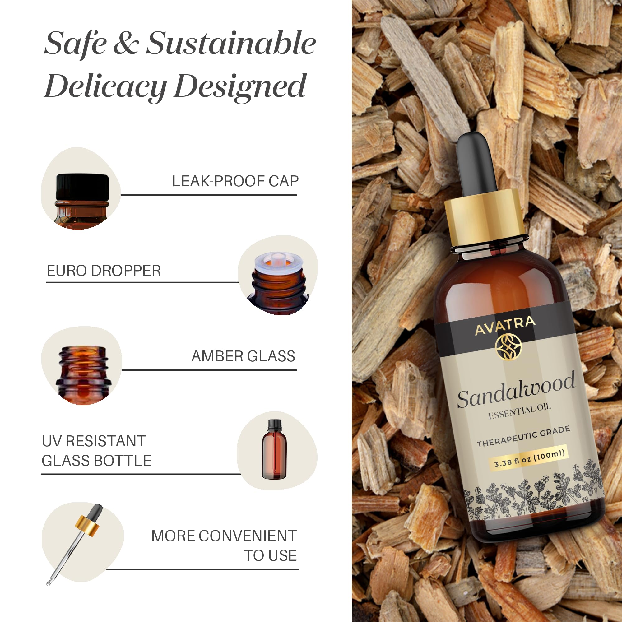 Avatra Sandalwood bath aroma enhances relaxing soak with a gentle fragrance.