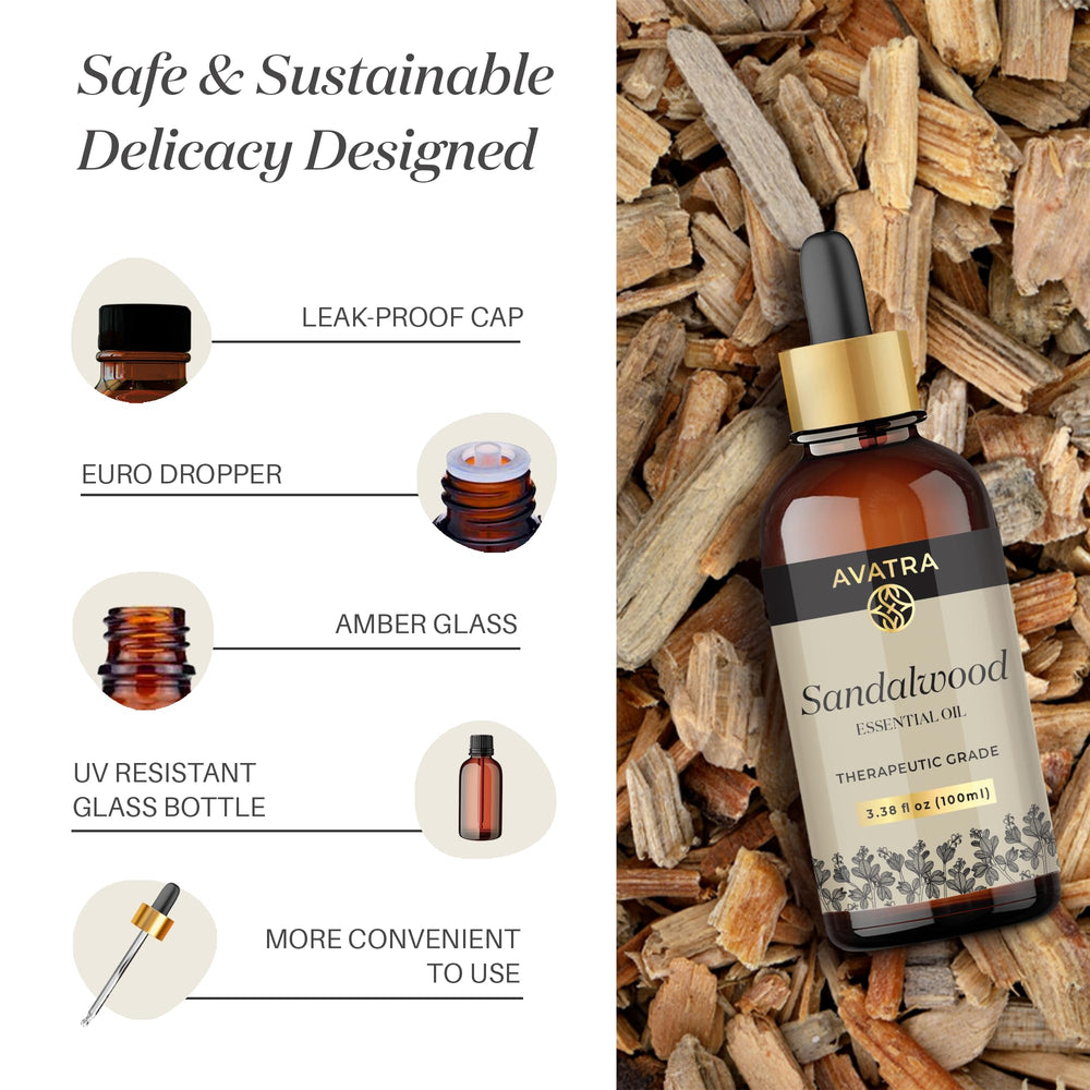 Avatra Sandalwood bath aroma enhances relaxing soak with a gentle fragrance.