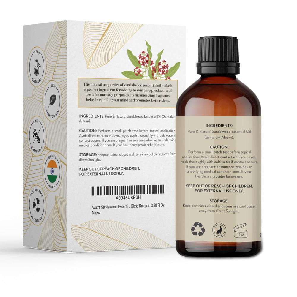 Avatra Sandalwood glass dropper for precise, mess-free dispensing.